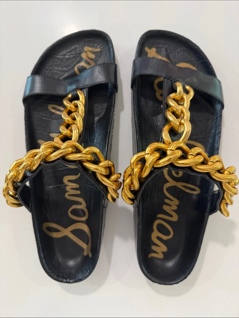 Sam Edelman Black Leather Slide Sandals with Gold Chain Trim - Picture 1 of 6